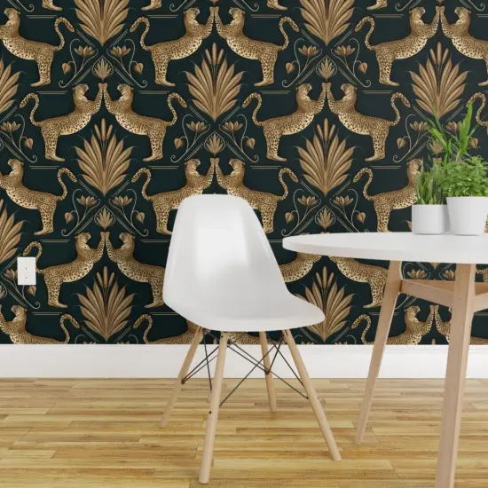 Pre-Pasted Wallpaper 2FT Wide Leopard Damask Dark Green Botanical Bold Art Nouveau Magestic Cats Custom Pre-pasted Wallpaper by Spoonflower {1}