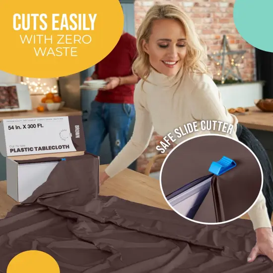  Party Solids 54" x 300' Plastic Table Cover Roll with Slide Cutter &ndash; Cut-to-Size Dispenser Box &ndash; Makes Up to 36 Disposable 8' Rectangle Tablecloths by Exquisite Brown {5}