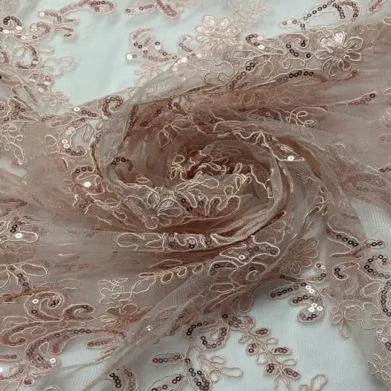 1 Yard Blush Pink Corded Sequin Embroidered Mesh Lace Fabric with Scallop Edge 54&rdquo; Wide {3}