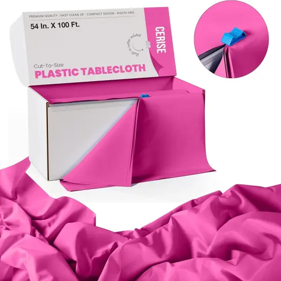 Exquisite Party Solids 54" x 100' Plastic Table Cover Roll with Slide Cutter &ndash; Cut-to-Size Dispenser Box &ndash; Makes Up to 36 Disposable 8' Rectangle Tablecloths Hot Pink {3}