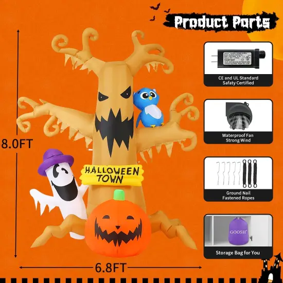 GOOSH 8 FT Halloween Inflatables Dead Tree with Owl Ghosts and Pumpkins with Built-in LED Lights {6}