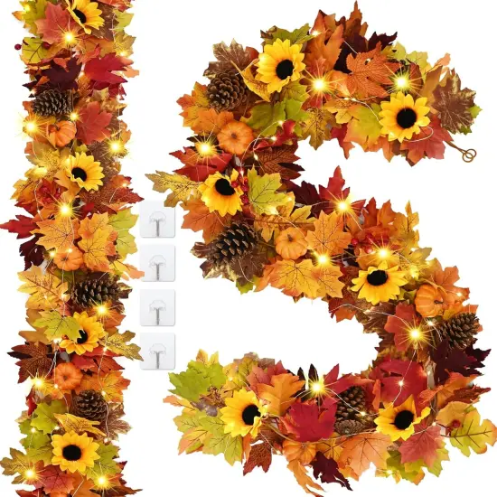 2 Pack Fall Garland with Lights - Sunflower Autumn Leaves Garland {1}