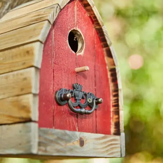 Washed Red Iron and Solid Wood Vintage Hanging Birdhouse with Metal Roof {3}