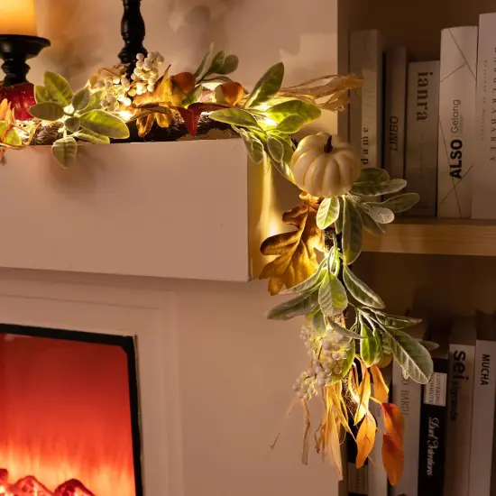 Lambs Ear Leaves Garland with Lights Pumpkins Fall Garland - White/Brown {5}