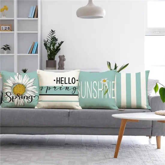 Spring Pillow Covers 18x18 Teal Spring Summer Decorations Hello Spring White Daisy Throw Pillow Covers Summer Sunshine Farmhouse Cushion Case for Sofa Couch Set of 4 {2}