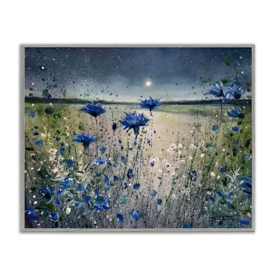 Stupell Industries Blooming Blue Flowers Night Moon Framed Giclee Art Gray Frame {1}