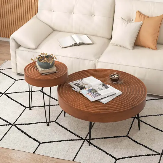 Costway Farmhouse Round CoffeeTable Set of 2 End Table Natural Finish for Living Room Brown/Natural {4}