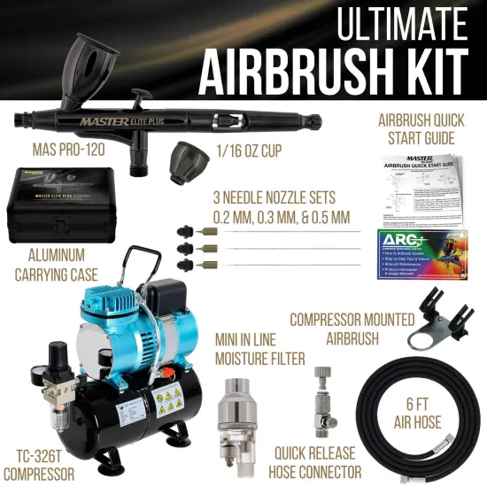 Cool Runner II Dual Fan Air Storage Tank Compressor System Kit with Master Elite Plus Ultimate Airbrush Set with 3 Tips 0.2, 0.3 and 0.5 mm, Case {2}