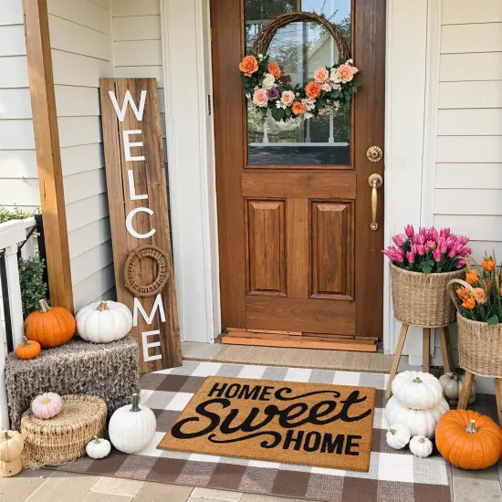 Fall Front Door Mat Buffalo Plaid Outdoor Rug - 24"x51" - Coffee & White {2}