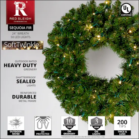 24" Pre-lit Commercial Sequoia Fir LED Christmas Wreath, 50 Warm White SoftTwinkle Lights {4}
