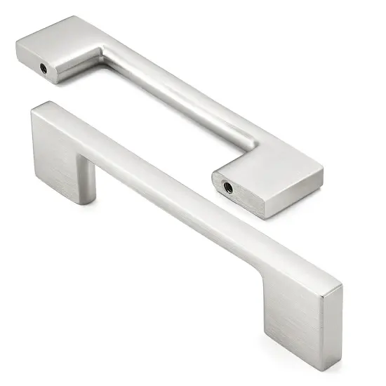 Cauldham Solid Kitchen Cabinet Pulls Handles (3-5/8" Hole Centers) - Modern Thin Profile Drawer/Door Hardware - Style M255 - Satin Nickel {2}