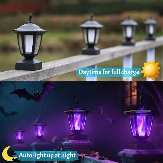 2 Pack - Solar Flame Post Cap Lights Outdoor, Halloween Flickering Purple Flame {2}