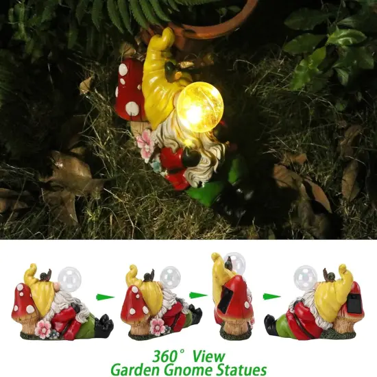 Garden Statue Gnome Outdoor Decor, Funny Gnome Figurine Lying on Mushroom with Crackle Glass Globe Lights, Waterproof Resin Gnome Ornament Tabletop Decorations for Porch Lawn Yard Decor {4}