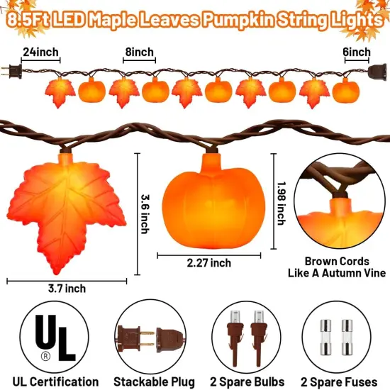 8.5Ft LED Fall Maple Leaf Pumpkin String Lights - Orange {2}