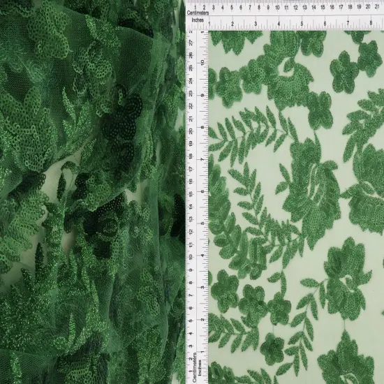 1 Yard Mesh Sequins Embroidery Fabric, Polyester Spandex Blend GREEN {1}