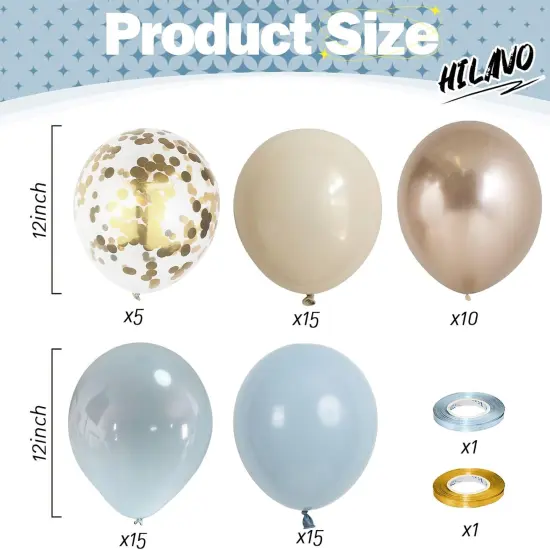 Dusty Blue Balloon Set, 60Pcs 12 Inch Slate Baby Blue White Sand Latex Balloon with Metallic Confetti Champagne Gold Helium Balloons for Birthday Party Baby Bridal Shower Boho Decortaions Supplies {2}