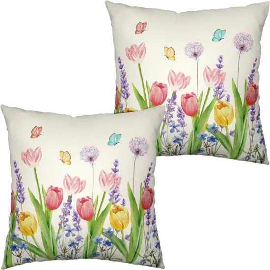 Summer Floral Throw Pillows Cover 18x18 Set of 2 Pink Tulip Flower Pillow Covers Lavender Dandelion Butterfly Decorative Pillow Case for Farmhouse Patio Sofa Couch {1}