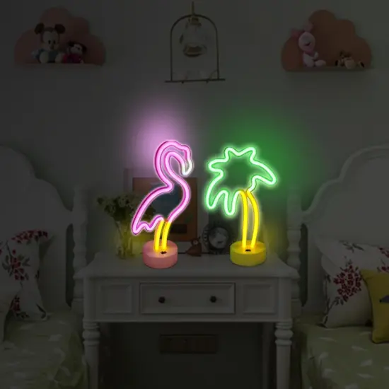 Summer 2-Pack Neon Signs &ndash; Pink Flamingo & Neon Palm Tree LED Lights, USB or Battery Powered, Energy Efficient Decor for Bedroom, Party, Office, and Dining Tables {2}