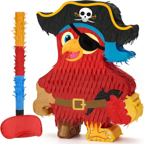 Pirate Pi&ntilde;ata - Pirate Parrot Pi&ntilde;ata with Blindfold and Bat for Boys' Birthday Party Adventure Theme Decorations {1}
