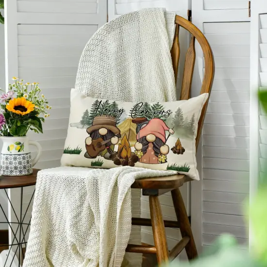 Happy Campers Throw Pillow Cover 12x20 Inch, Gnome Campfire Decoration for Home Sofa Couch {4}