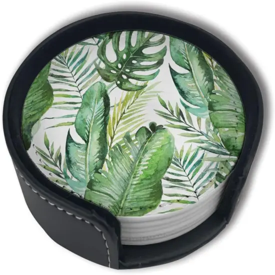 Set of 6 Green Tropical Palm and Fern Leaves Leather Drinks Coasters with Holder {1}
