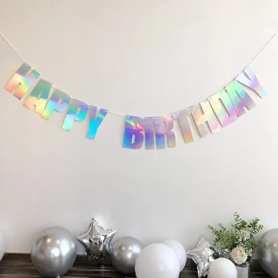 Pre-Strung Happy Birthday Sign - NO DIY - Holographic Hanging Banner Iridescent White Bunting String Flag Garland {2}