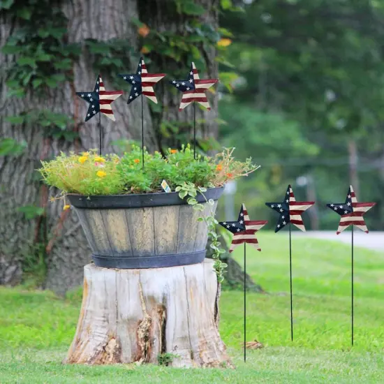 H Metal American Star Barn Yard Sign, Patriotic Metal US Flag Star Barn Garden Stake for Planter Pot Walkway Pathway 4th of July Decor {2}