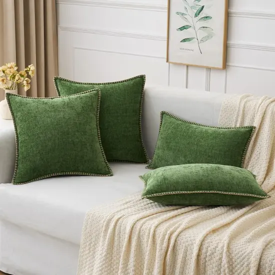 Pack of 2 Pillow Covers 18x18 Inch Moss Green Farmhouse Decorative Throw Pillow Covers with Stitched Edge Soft Chenille Solid Dyed Couch Pillow Covers for Sofa Bed Living Room {3}