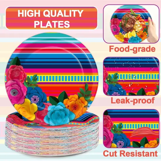 50Pcs Mexican Fiesta Paper Plates 7" Stripes Mexico Party Disposable Mexican Floral Platos Tableware for Mayo Fiestas Dessert Pinata Mexico Taco Colorful Ponchos Party Decoration Supplies {3}