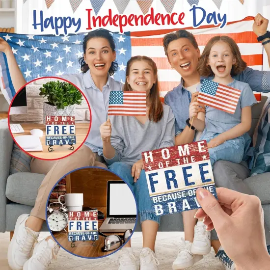 July 4th Retro Wood Plaque With Iron Stand - Home Of The Free Because Of The Brave - 4"x4" Wooden Block Sign, Patriotic Desk Signs, Shelf & Tabletop Decorations, America Memorial Day Supplies - E05 {4}