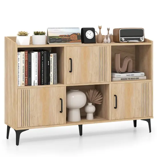 Oak Engineered Wood Cabinet, Metal Legs, Strip Design and Open Display {4}