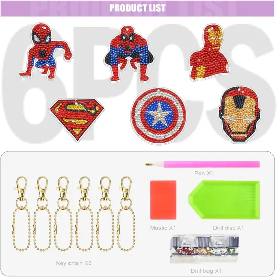 Diamond Art for Kids 6 Pcs DIY Diamond Painting Cartoon Keyrings Set, Painting by Number Gem Keychains Craft Kits for Kids Ages 6-12, Gifts for Birthday, Back to School {3}