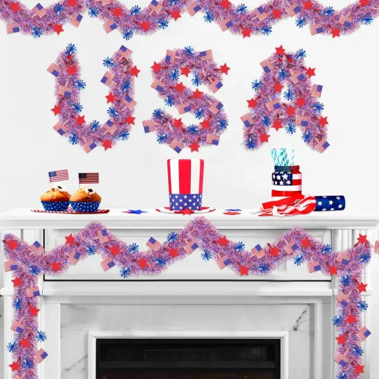 4th of July Decorations,33FT 4th of July Tinsel Garland with Star Firework American Flag, Patriotic Red White Blue Metallic Twist Garland for Home Tree Mantle Indoor Outdoor Parade Independence Day {5}