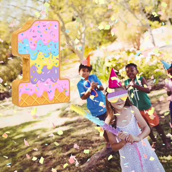 Summer Birthday Pi&ntilde;ata Ice Cream Game Set Summer Number Pi&ntilde;ata with Bat Stick Blindfold Mask Confetti for Sundae Theme Birthday {4}