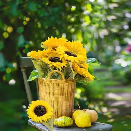 10 Pcs Summer Artificial Sunflowers with Long Stems &ndash; Bright Yellow Silk Sunflower Bouquets for Summer Weddings, Home, and Garden Decor {2}
