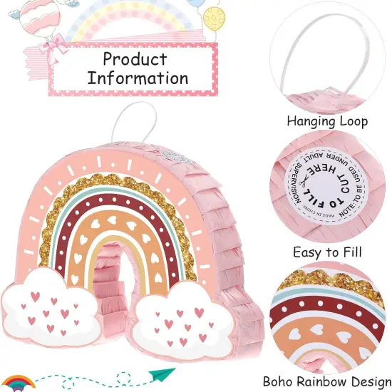 Rainbow Pi&ntilde;ata Pink Rainbow Birthday Party Pi&ntilde;ata with Bat Stick Blindfold Boho Theme Birthday Baby Shower Toys Games Party Supplies Decor {2}