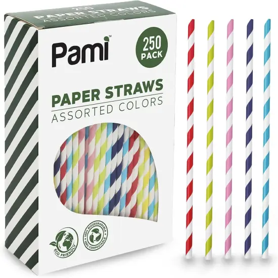 250-Pack Fun Assorted Color Compostable Biodegradable Disposable Paper Straws for Coffee, Juice, Cocktails {1}