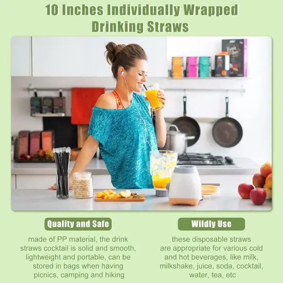 Gerrii 1000 Pcs Black Individually Wrapped Straws 10" Extra Long 6 mm Plastic Drinking Straws Disposable for Party Restaurant Home Milkshakes Coffee Juice Beverage Smoothie {4}