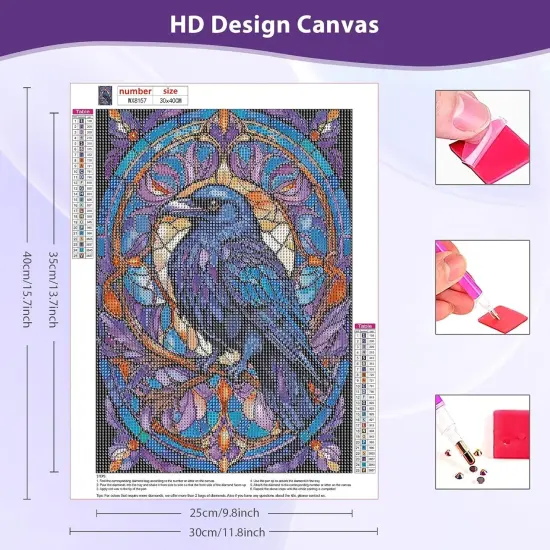 Diamond Painting Kits for Adults, Crow Diamond Art Kits for Adults, 5D Stained Glass Diamond Painting, DIY Full Drill Diamond Painting Gem Arts and Crafts for Home Decor 12x16 inch {4}
