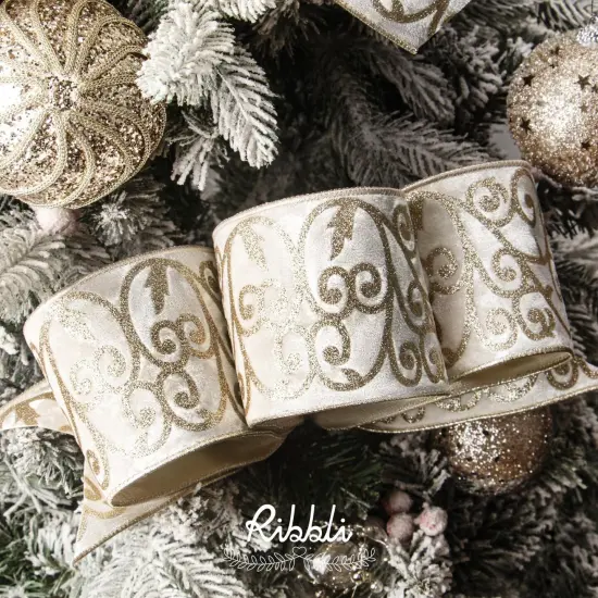Ivory Velvet Ribbon Wired with Glitter Swirl 4 Inch Christmas Ribbon {3}