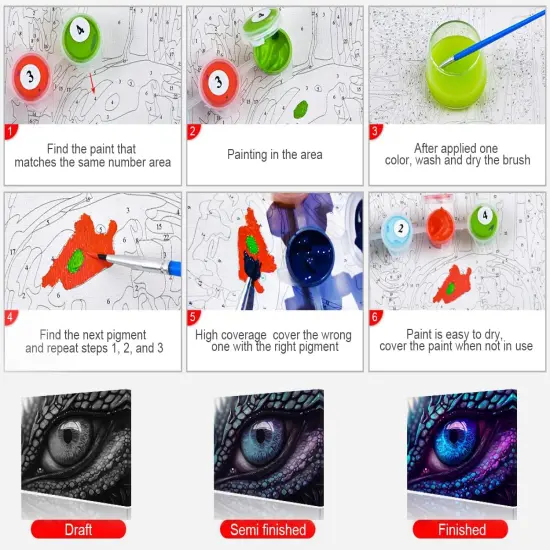 Paint by Numbers for Adults Dragon Eye in Blue and Purple Colors DIY Easy Paint by Numbers Paint by Numbers for Beginner Kids and Adults Home Wall Decor Oil Painting 16x20 Inch {4}