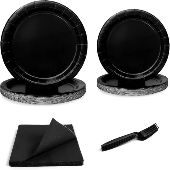 96 Pcs Party Plates, Black Paper Plates and Napkins, Disposable Tableware Set, Party Supplies {1}
