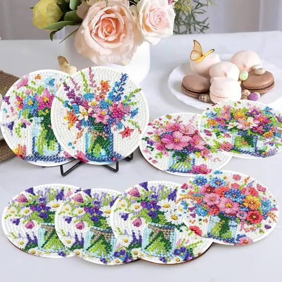Diamond Art Coasters Kit - 8 Pieces Flowers Diamond Painting Coasters, DIY Diamond Art Kits for Adults Coasters, Diamond Round Dot Crafts Kits for Beginners {5}