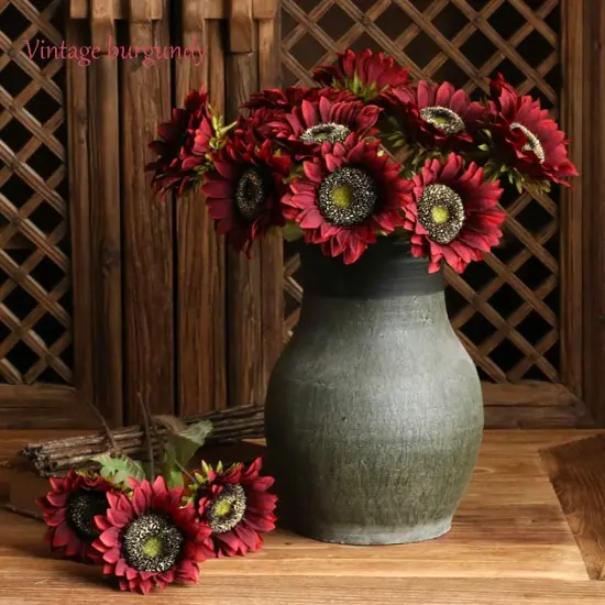 Summer Floral Arrangement - 7PCS Artificial Burgundy Sunflowers with Silk Flowers {5}