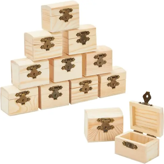 12 Pack Small Wooden Boxes with Hinged Lid, {1}