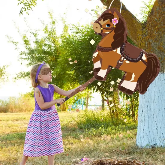 Horse Pi&ntilde;ata Cowgirl Pinatas Brown Horse Pi&ntilde;ata for Birthday Girl with Bat Stick Blindfold Mask for Horse Birthday Cowgirl Party Carnival Pi&ntilde;ata Game Decor Supplies, 15 x 13.4 x 3.2 Inch {4}