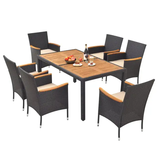 Acacia Wood 7-Piece Dining Set, Rattan Table, Cushioned Chairs and Umbrella Hole {4}