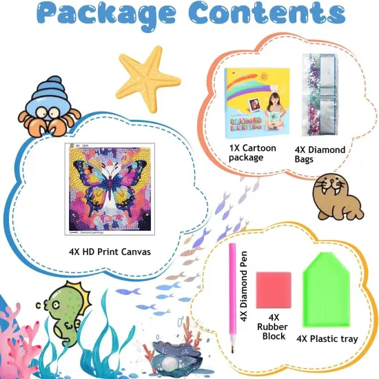 4 Packs Diamond Art Kits for Kids, Butterfly Diamond Art for Kids Ages 8-12, Diamond Painting Kits for Home Wall Decor (6x6 Inch) {4}