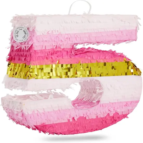 Number 5 Pinata, Pink and Gold Foil for Girls 5th Birthday Party Decorations (Small, 16.5 x 11.6 x 3 In) {1}
