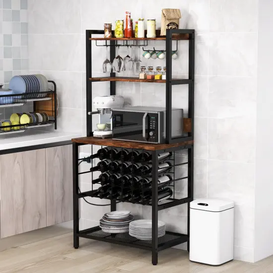 Brown Multi-functional Wine Bar Rack with 4 Tier Storage Shelves and Power Outlets {6}